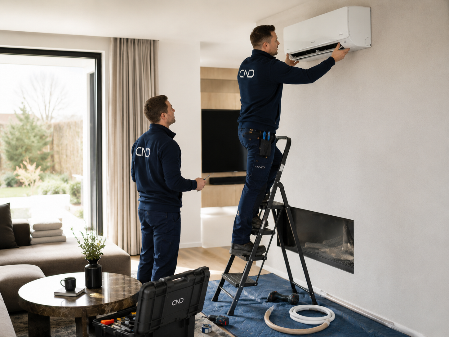 CND techniekers installeren een airco-binnenunit in een woonkamer